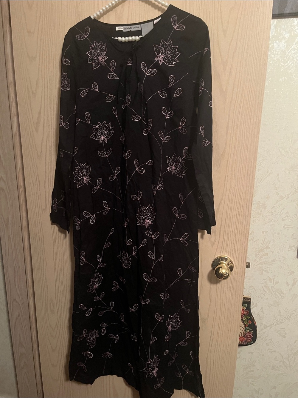 Long Sleeve Black Maxi Dress with Pink Floral Embroidery